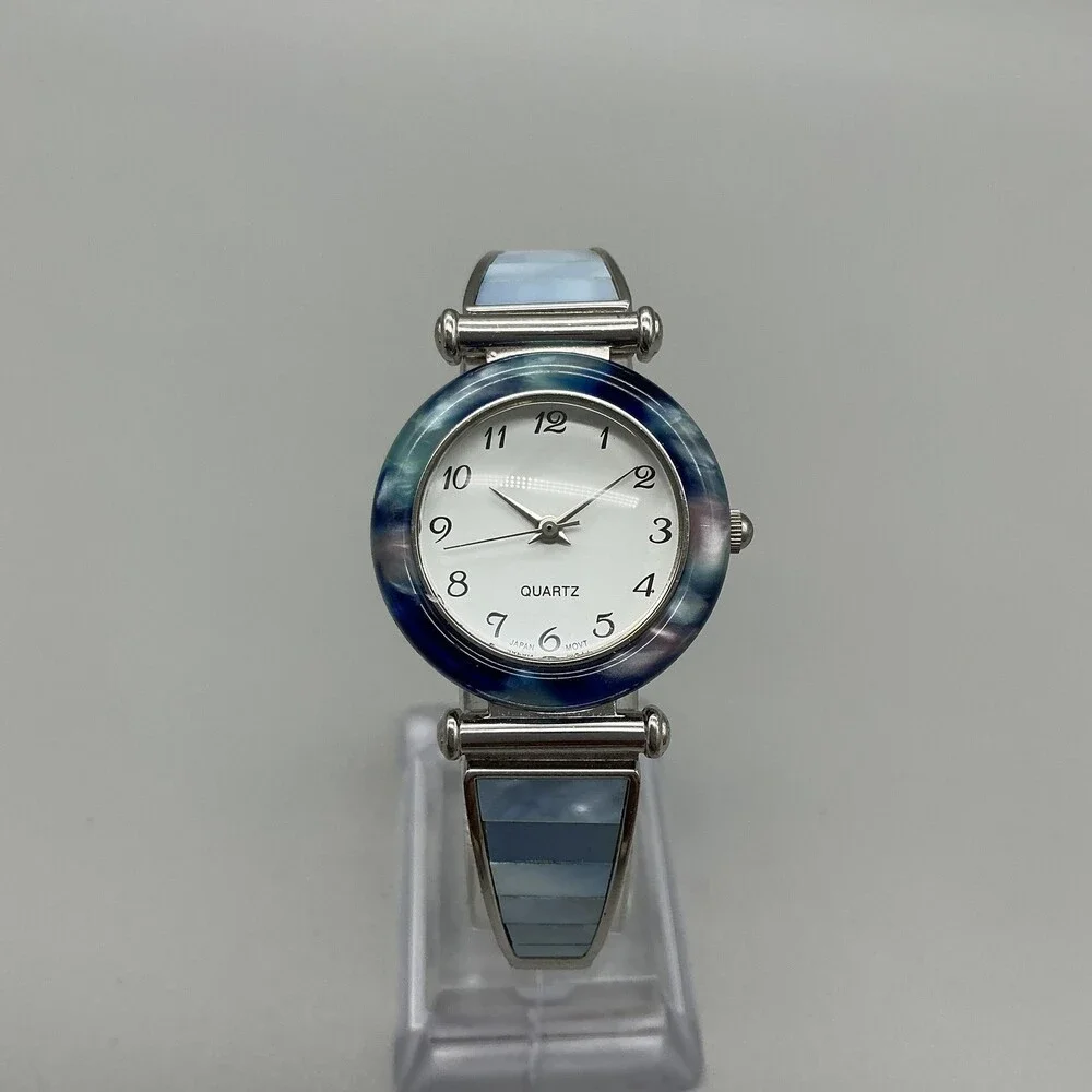 Avon Womens Watch 28mm Blue Abalone Bezel Inlay Stretch F69038-1/P New Battery